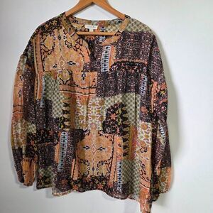 NWOT COTTON BLEU BOHO PRINT SPLIT V NECK LONGSLEEVES TOP SIZE SMALL